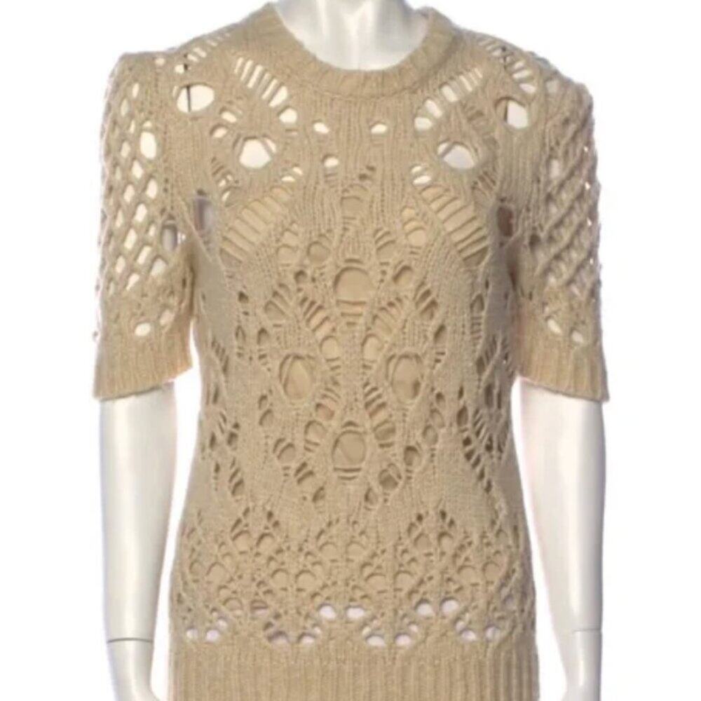 Christian Dior Women’s Crochet Knit Sweater Ivory Crew Neck Short Sleeve FR40 US